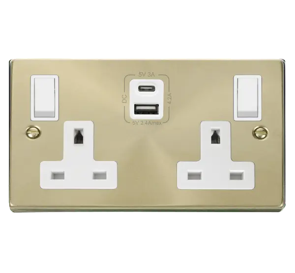 Click Scolmore Click Deco Satin Brass Type A & C USB Double Socket with White Insert - VPSB786WH