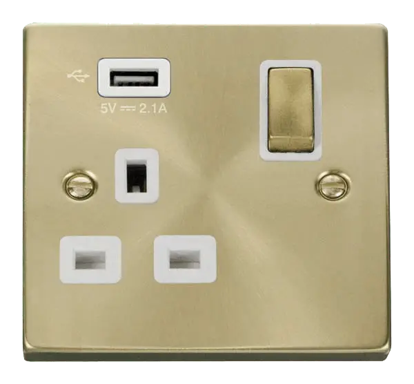 Click Scolmore Click Deco Satin Brass USB Single Switched Socket with White Insert - VPSB571UWH