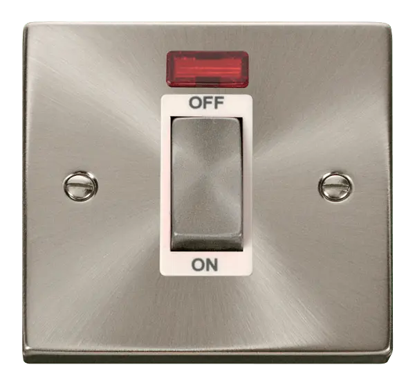 Click Scolmore Click Deco Satin Chrome 1 Gang 45A Double Pole Switch with Neon with White insert - VPSC501WH