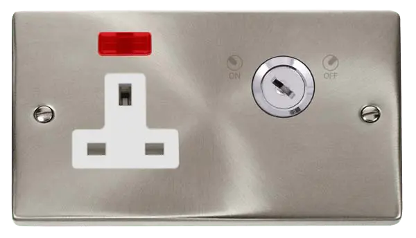 Click Scolmore Click Deco Satin Chrome 13A 1G Key Lockable Socket Neon White Insert VPSC675WH