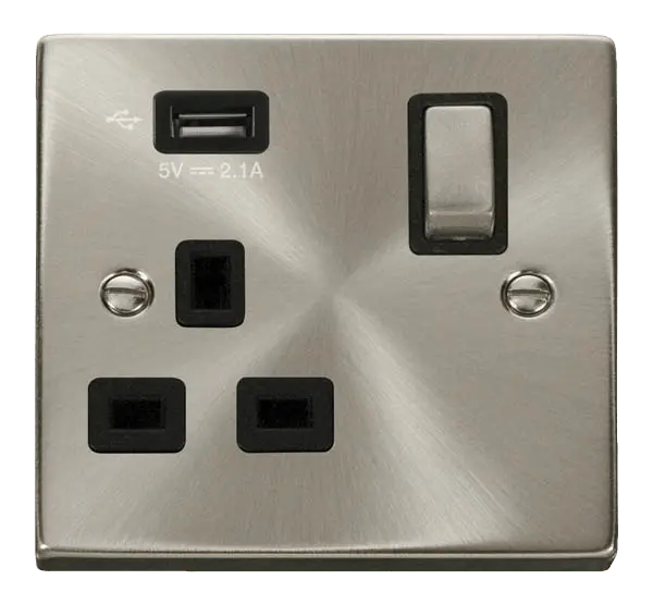 Click Scolmore Click Deco Satin Chrome 13A 1G Switched Socket + USB A 2.1A Black Insert VPSC571UBK