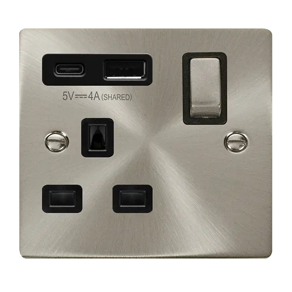 Click Scolmore Click Deco Satin Chrome 13A 1G Switched Socket + USB A & C 4A Black Insert VPSC585BK