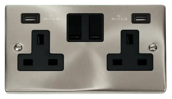 Click Scolmore Click Deco Satin Chrome 13A 2G Switched Socket + Twin USB 4.2A Black Insert VPSC780BK