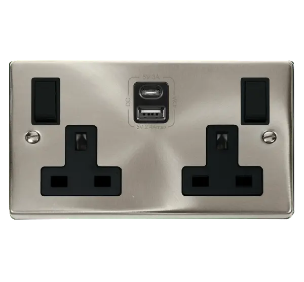 Click Scolmore Click Deco Satin Chrome 13A 2G Switched Socket + USB A & C 4.2A Black Insert VPSC786BK