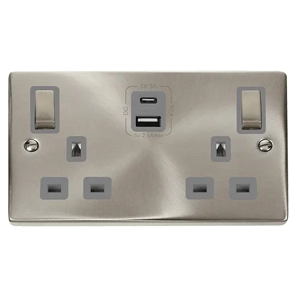 Click Scolmore Click Deco Satin Chrome 13A 2G Switched Socket + USB A & C 4.2A Grey Insert VPSC586GY