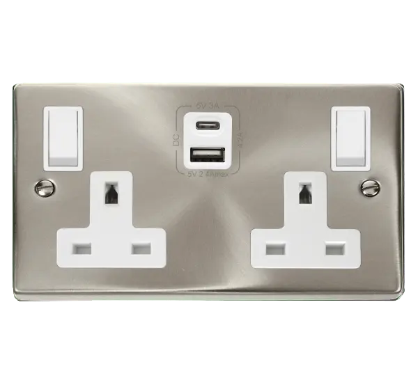 Click Scolmore Click Deco Satin Chrome 13A 2G Switched Socket + USB A & C 4.2A White Insert VPSC786WH
