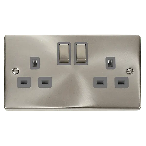 Click Scolmore Click Deco Satin Chrome 13A Double Switched Socket with Grey Insert – VPSC536GY