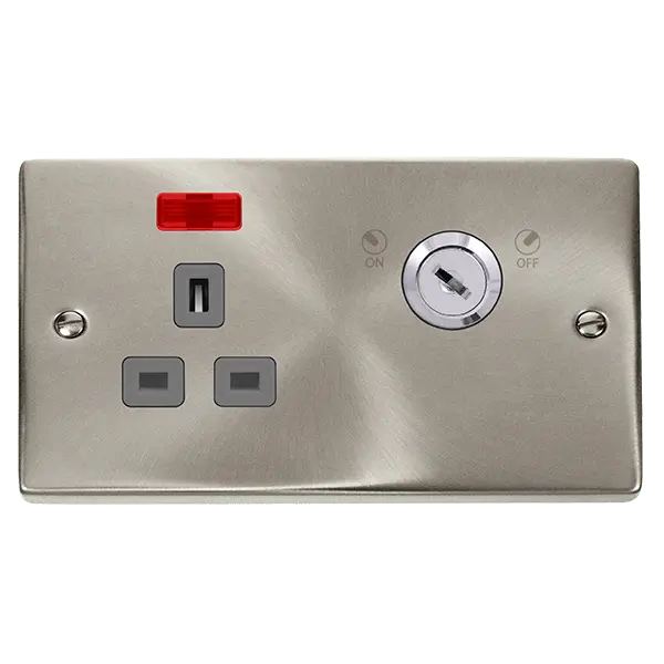 Click Deco Satin Chrome 13A Ingot 1 Gang Double Pole Key Lockable Switched Socket With Neon (Double Plate) with Grey Insert – VPSC655GY
