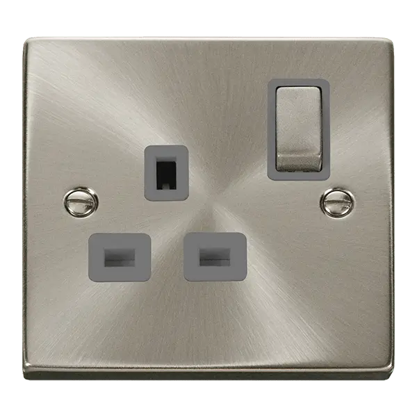 Click Scolmore Click Deco Satin Chrome 13A Single Switched Socket with Grey Insert – VPSC535GY