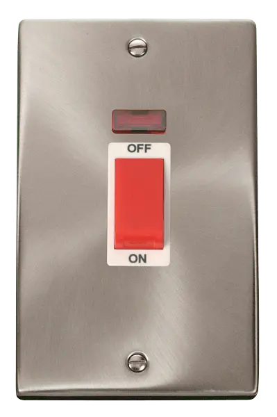 Click Scolmore Click Deco Satin Chrome 2 Gang 45A Vertical DP Switch with Neon with White insert - VPSC203WH