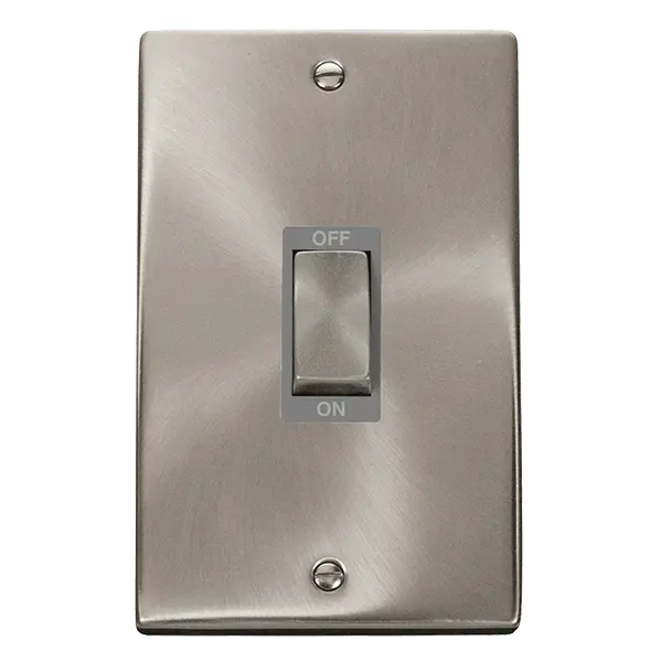 Click Scolmore Click Deco Satin Chrome 2 Gang 45A Vertical Double Pole Switch with Grey insert - VPSC502GY