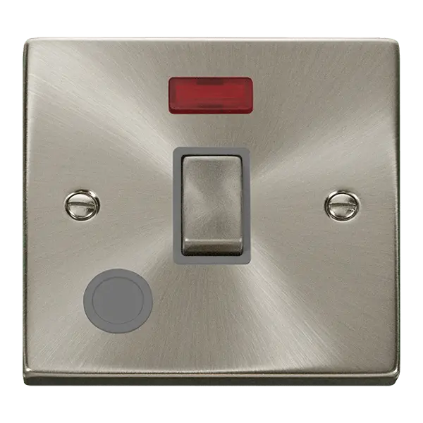 Click Scolmore Click Deco Satin Chrome 20A Double Pole Switch with Neon and Flex Outlet with Grey insert - VPSC523GY