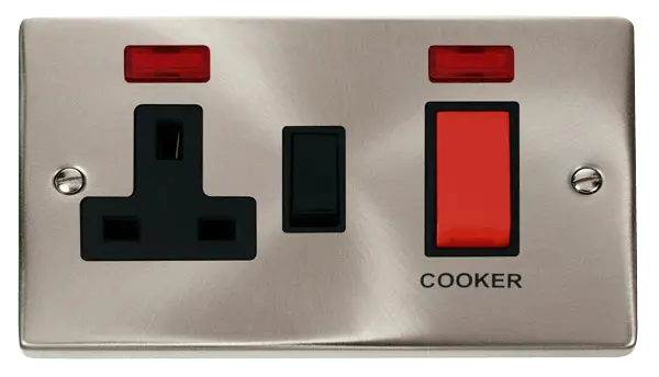 Click Scolmore Click Deco Satin Chrome 45A DP Switch and Socket with Neon with Black insert - VPSC205BK