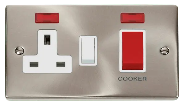 Click Scolmore Click Deco Satin Chrome 45A DP Switch and Socket with Neon with White insert - VPSC205WH
