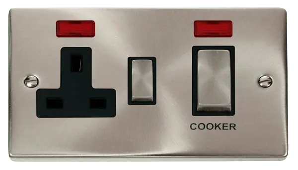 Click Scolmore Click Deco Satin Chrome 45A Double Pole Switch with 13A Double Pole Switched Socket Outlet with Neon with Black insert - VPSC505BK