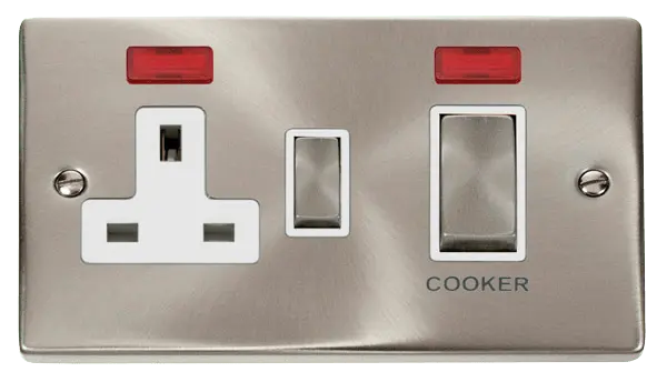 Click Scolmore Click Deco Satin Chrome 45A Double Pole Switch with 13A Double Pole Switched Socket Outlet with Neon with White insert - VPSC505WH