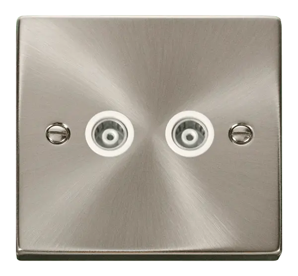 Click Scolmore Click Deco Satin Chrome Twin Isolated Coaxial Socket with White Insert – VPSC159WH
