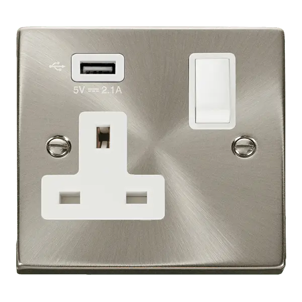 Click Scolmore Click Deco Satin Chrome USB Single Switched Socket with White Insert – VPSC771UWH