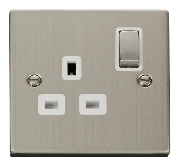 Click Deco Stainless Steel 1 Gang 13A DP 'Ingot' Switched Socket Outlet with White Insert – VPSS535WH