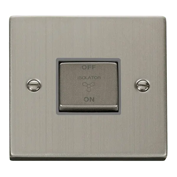 Click Deco Stainless Steel 10A INGOT 3 POLE FAN ISOLATION PLATE SWITCH with Grey Insert – VPSS520GY