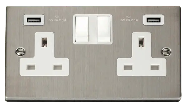 Click Deco Stainless Steel 13A 2 Gang Switched Socket With Twin 2.1A USB Outlets (4.2A) (Twin Earth) with White Insert – VPSS780WH
