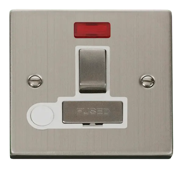 Click Deco Stainless Steel 13A Fused 'Ingot' Switched Connection Unit With Flex Outlet & Neon with White Insert – VPSS552WH