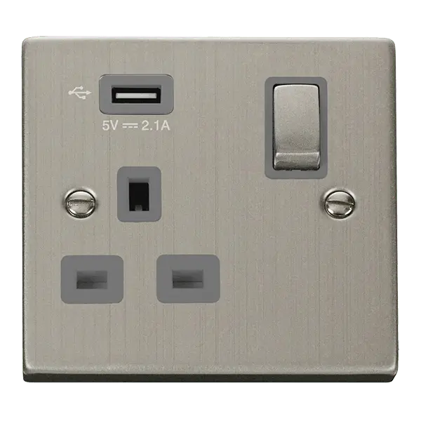 Click Deco Stainless Steel 13A Ingot 1 Gang Switched Socket Outlet With Single 2.1A USB Outlet with Grey Insert – VPSS571UGY