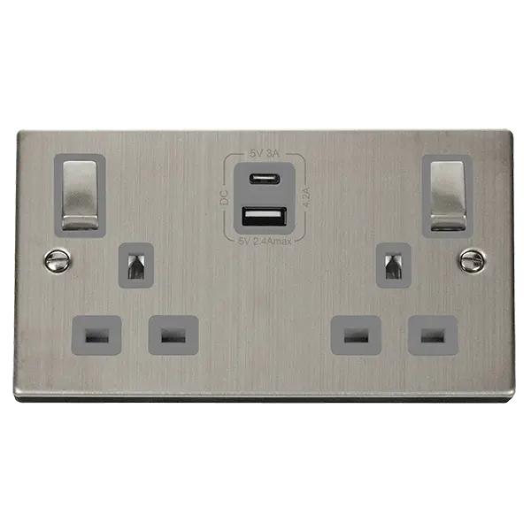 Click Deco Stainless Steel 13A Ingot 2 Gang Switched Safety Shutter Socket Outlet With Type A & C USB (4.2A) Outlets with Grey Insert – VPSS586GY