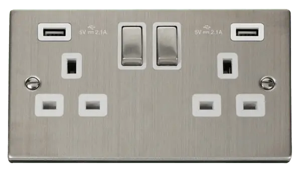 Click Deco Stainless Steel 13A Ingot 2 Gang Switched Sockets With Twin 2.1A USB Outlets (4.2A) (Twin Earth) with White Insert – VPSS580WH