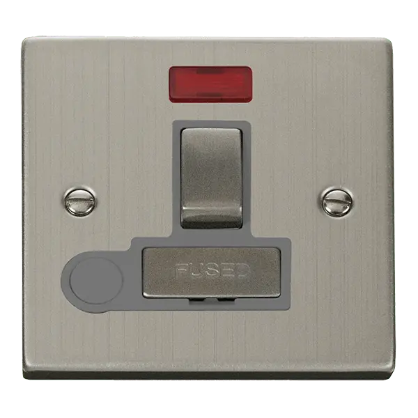 Click Deco Stainless Steel 13A Ingot Double Pole Switched Fused Connection Unit With Neon & Optional Flex Outlet with Grey Insert – VPSS552GY