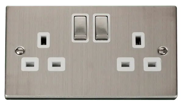 Click Deco Stainless Steel 2 Gang 13A DP 'Ingot' Switched Socket Outlet with White Insert – VPSS536WH