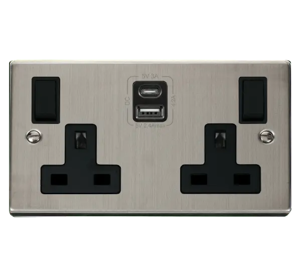 Click Deco Stainless Steel 2G 13A SW SKT 4.2A A&C USB VPSS BK with Black Insert – VPSS786BK