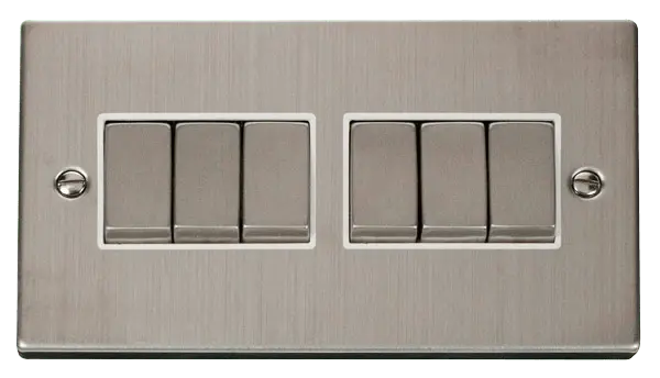 Click Deco Stainless Steel 6 Gang 2 Way 'Ingot' 10AX Switch with White Insert – VPSS416WH
