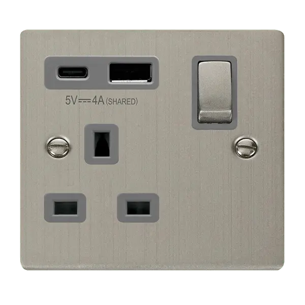 Click Deco Stainless Steel DECO 'INGOT' 13A 1 GANG SWITCHED SAFETY SHUTTER SOCKET OUTLET WITH TYPE A & C USB (4A) OUTLETS - STAINLESS STEEL - GREY INSERTS with Grey Insert – VPSS585GY