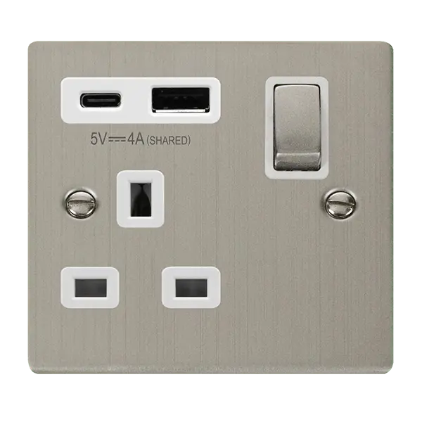 Click Deco Stainless Steel DECO 'INGOT' 13A 1 GANG SWITCHED SAFETY SHUTTER SOCKET OUTLET WITH TYPE A & C USB (4A) OUTLETS - STAINLESS STEEL - WHITE INSERTS with White Insert – VPSS585WH