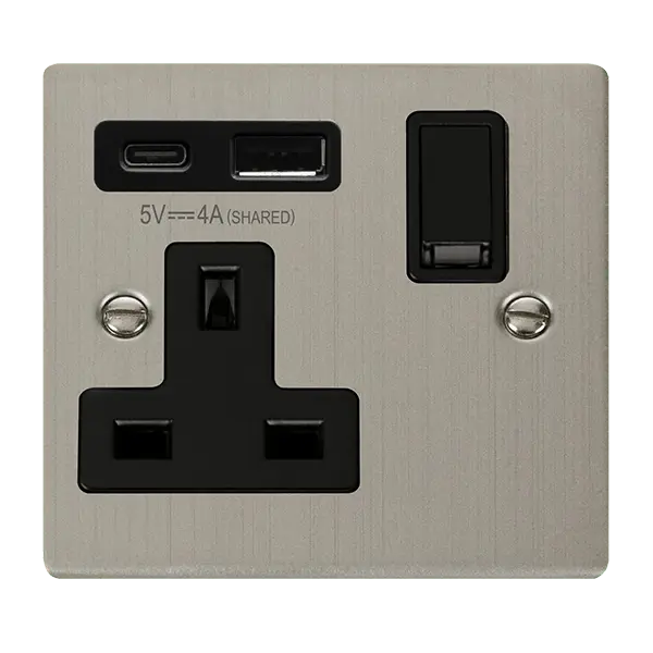 Click Deco Stainless Steel DECO 'NON INGOT' 13A 1 GANG SWITCHED SAFETY SHUTTER SOCKET OUTLET WITH TYPE A & C USB (4A) OUTLETS - STAINLESS STEEL - BLACK INSERTS with Black Insert – VPSS785BK