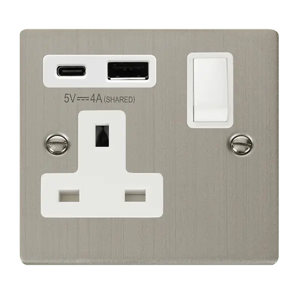 Click Deco Stainless Steel DECO 'NON INGOT' 13A 1 GANG SWITCHED SAFETY SHUTTER SOCKET OUTLET WITH TYPE A & C USB (4A) OUTLETS - STAINLESS STEEL - WHITE INSERTS with White Insert – VPSS785WH