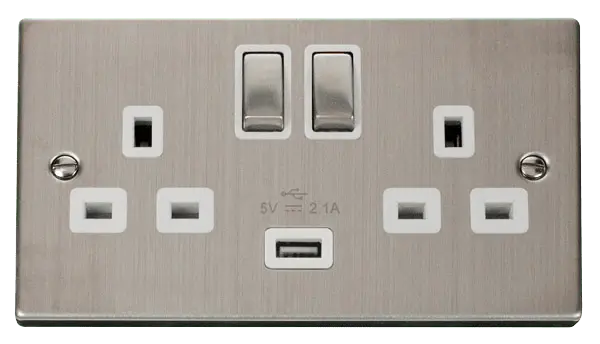 Click Deco Stainless Steel Stainless Steel 13A 2G Ingot Switched Socket With 2.1A USB Outlet with White Insert – VPSS570WH