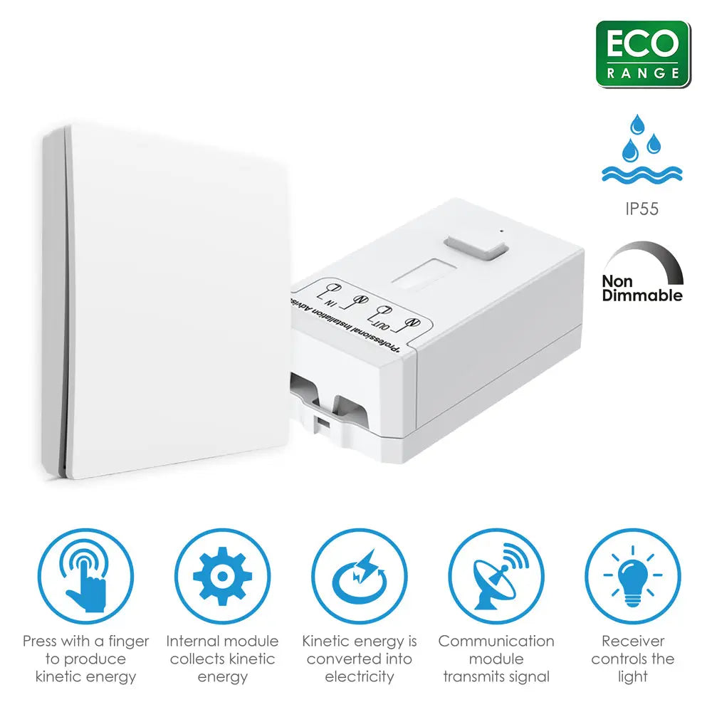 Ener-J WS1060X Wireless Kinetic Switch Bundle Kit | No Batteries, No Wiring, IP65 Waterproof