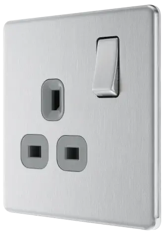 BG Nexus Screwless Flat Plate Brushed Steel Single Socket FBS21G Grey Insert 13Amp BG Nexus