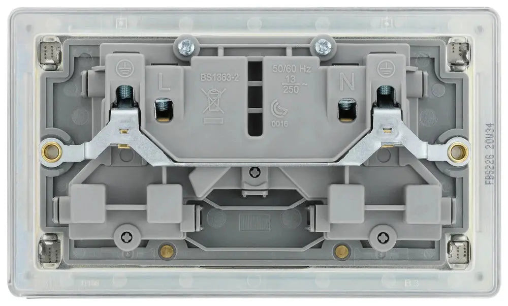 BG Nexus Screwless Flat Plate Brushed Steel Double Socket FBS22G Grey Inserts 13Amp BG Nexus