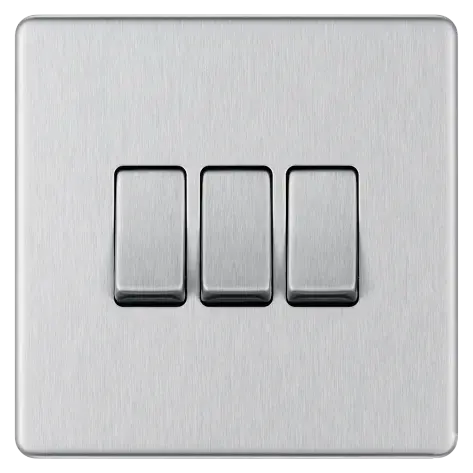 BG Nexus Screwless Flat Plate Brushed Steel Triple Light Switch FBS43 10Amp BG Nexus