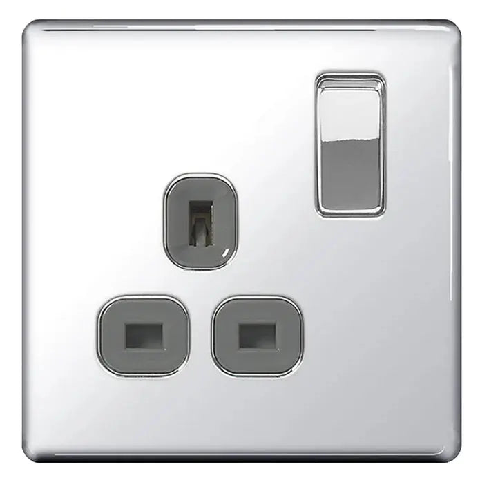 BG Nexus Screwless Flat Plate Polished Chrome Switches and Sockets Grey Inserts Full Range BG Nexus