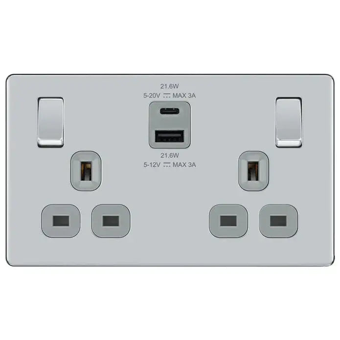 BG Nexus Screwless Flat Plate Polished Chrome Switches and Sockets Grey Inserts Full Range BG Nexus