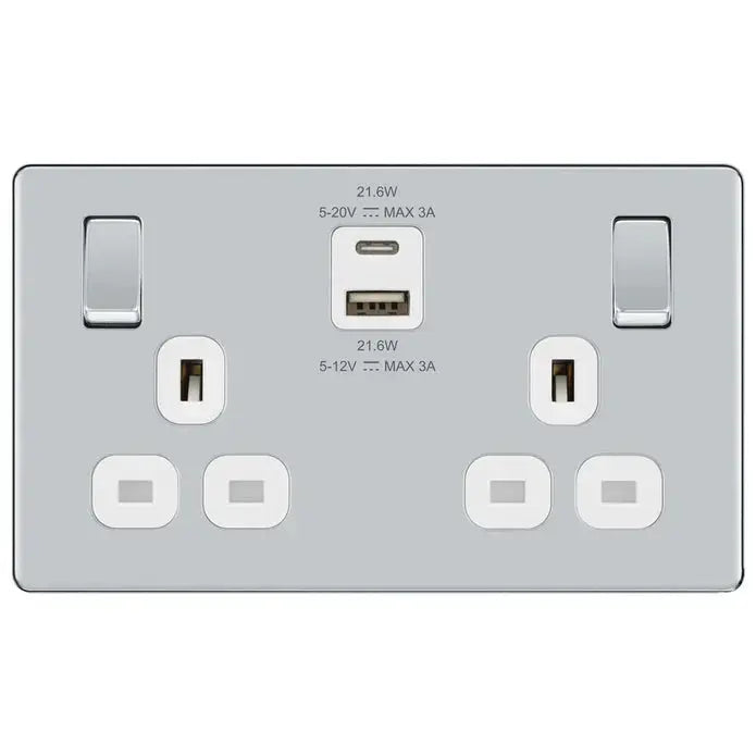 BG Nexus Screwless Flat Plate Polished Chrome Switches and Sockets White Inserts Full Range BG Nexus
