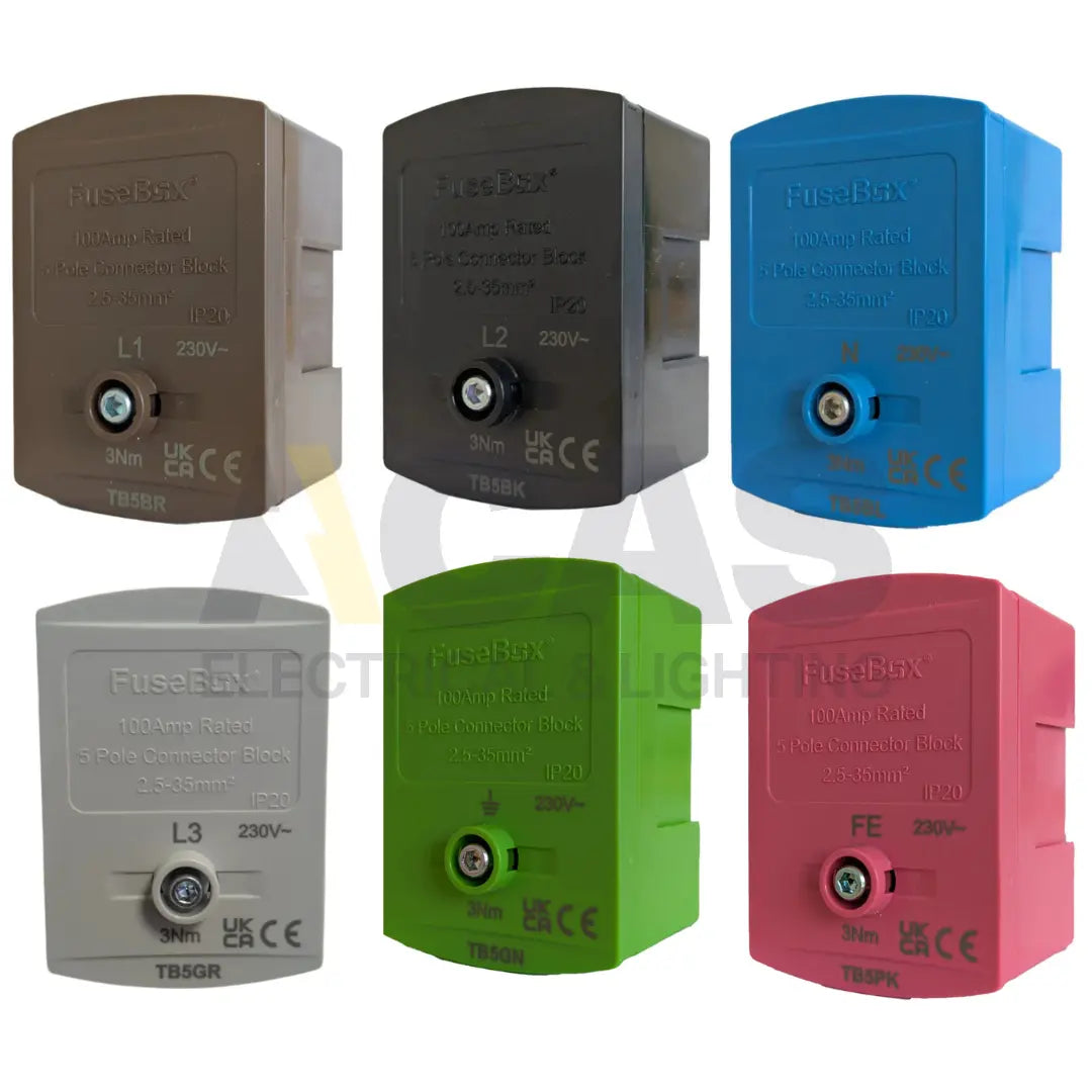 FuseBox 100A 5 Pole Electrical Connector Block IP20-(TB5) Multiple Colours FuseBox
