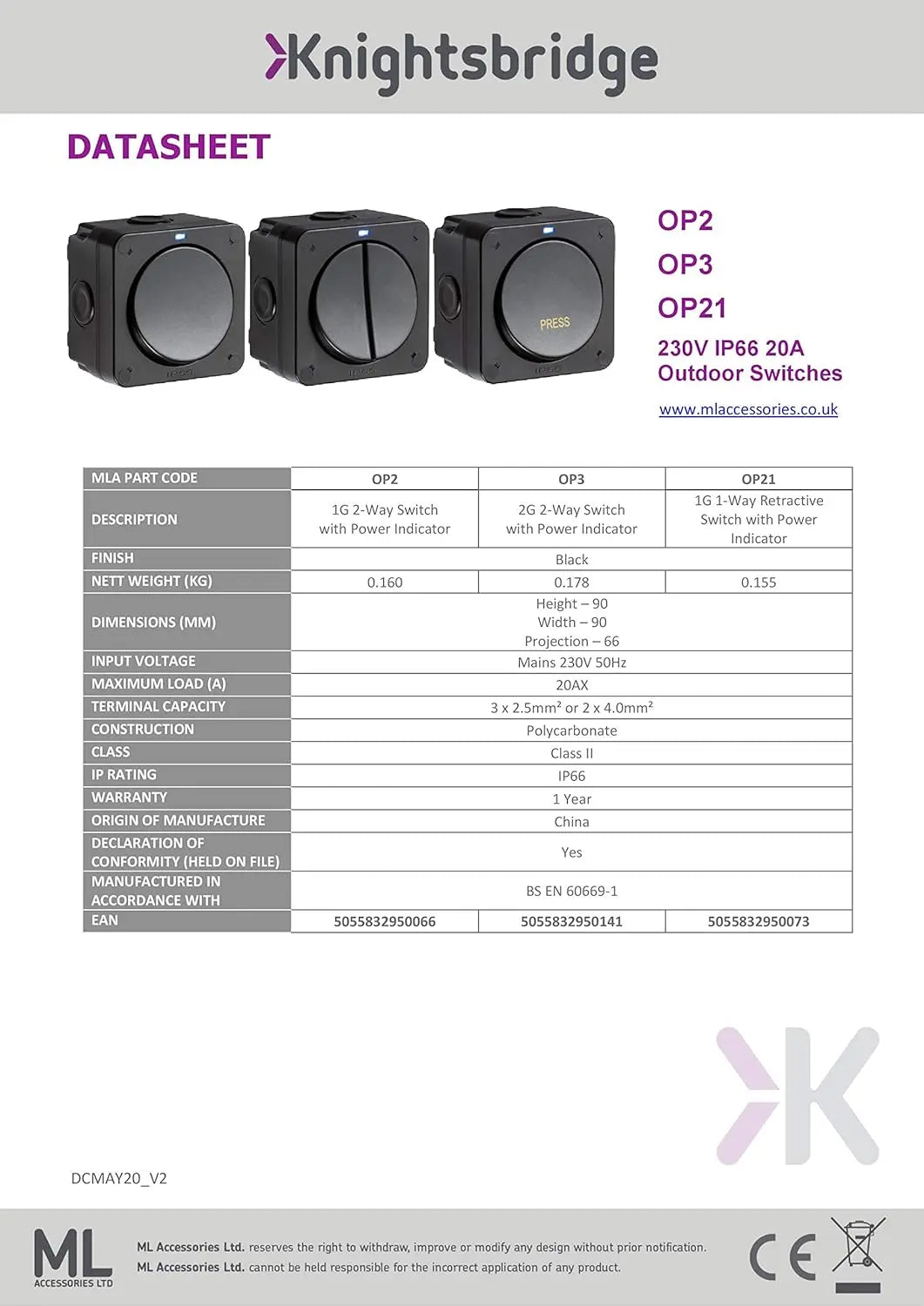 Knightsbridge IP66 Outdoor Weatherproof Single Switch | Blue LED | Black – OP2