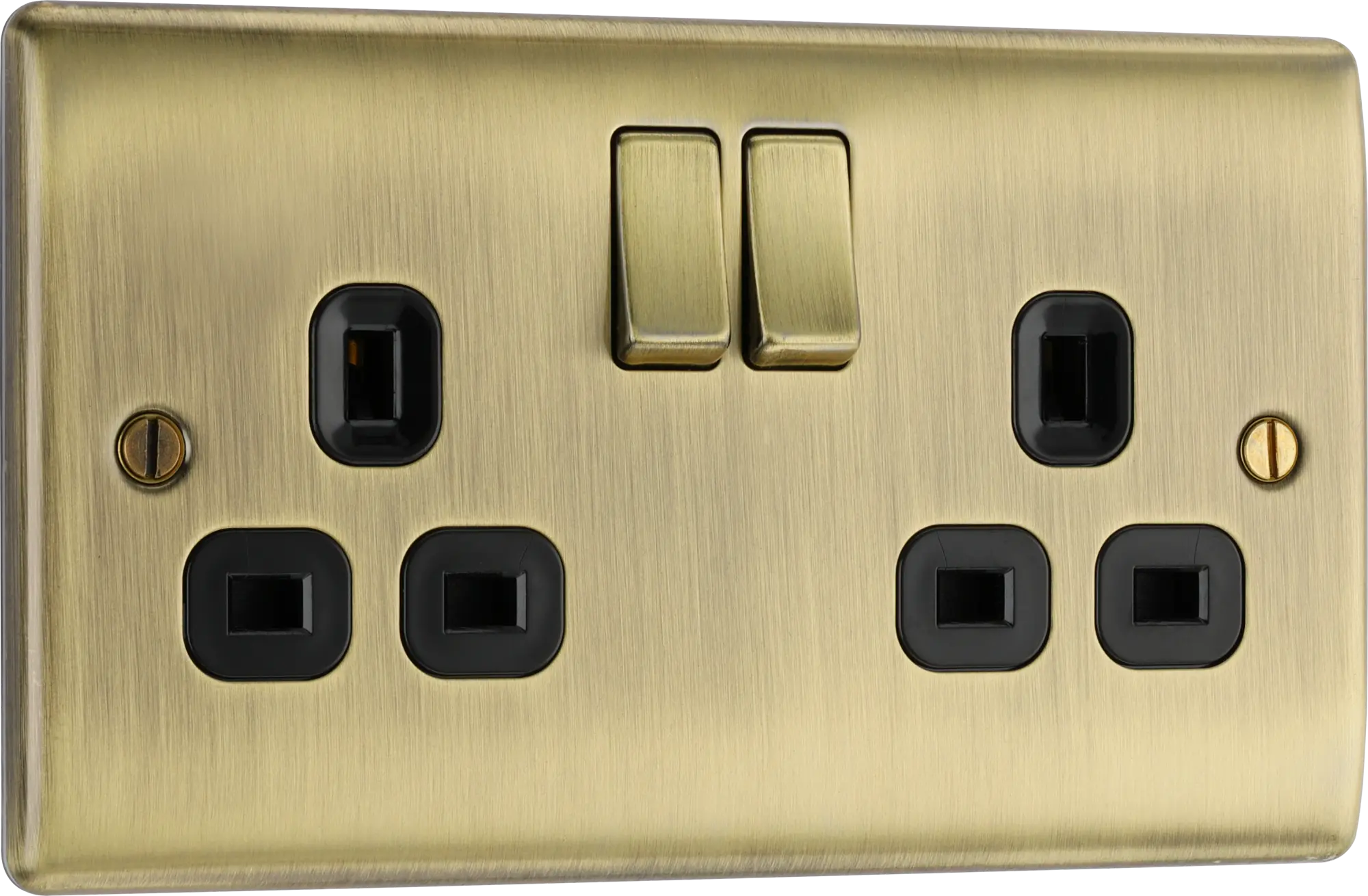 BG Nexus Antique Brass Double Socket 2 Gang Black Inserts 13 Amp - NAB22B BG (British General)