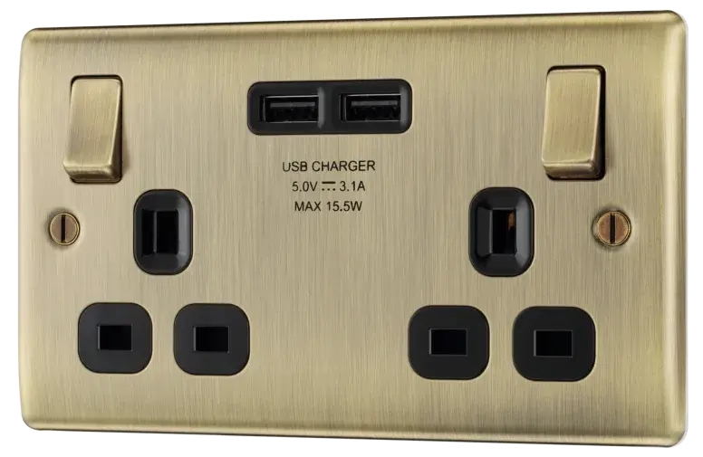 BG Nexus Metal USB Double Socket in Antique Brass with Black Inserts - NAB22U3B-01 BG (British General)