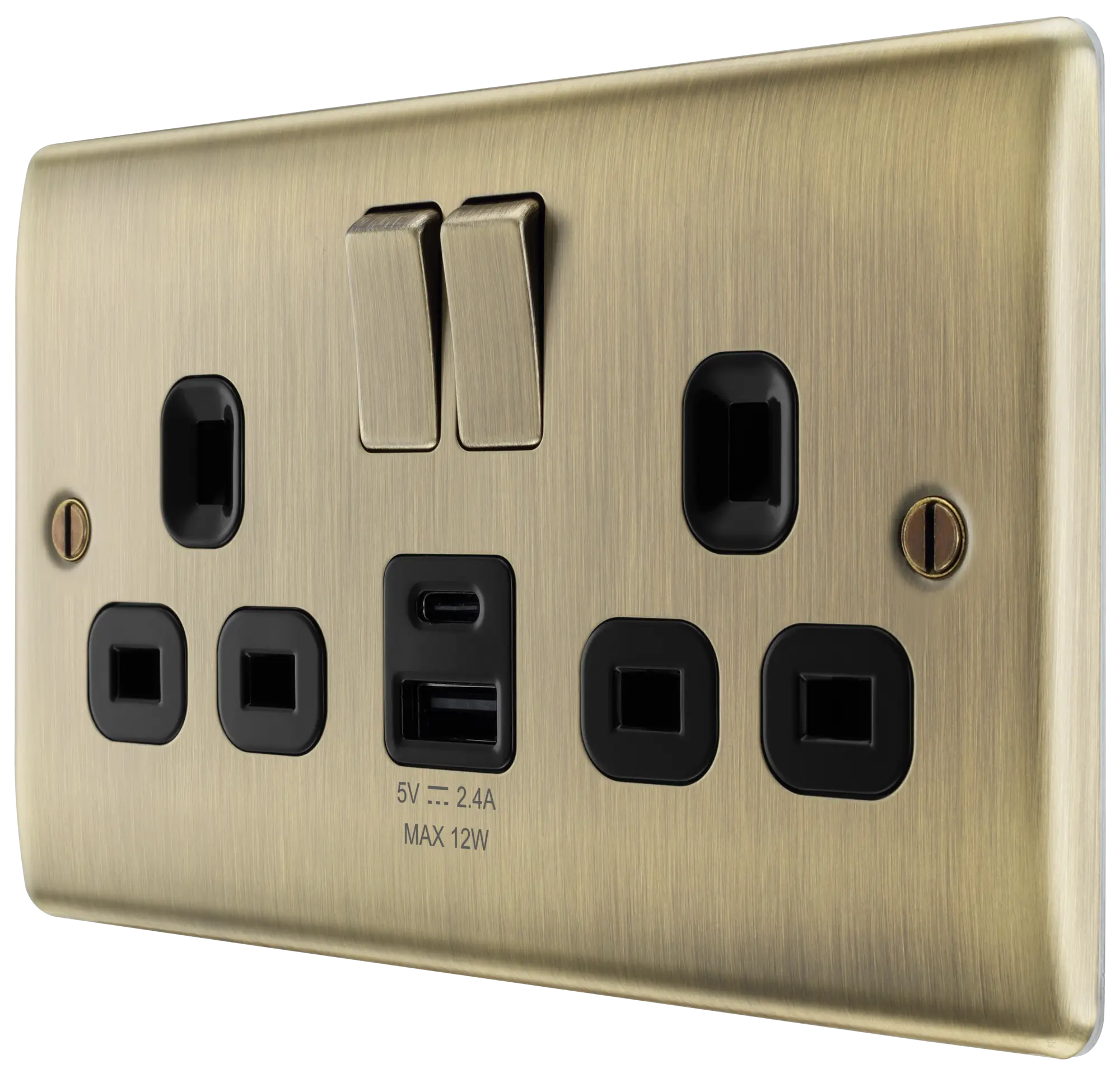 BG Nexus Metal USB USBC 12W Double Socket in Antique Brass with Black Insert NAB22UAC12B BG Nexus
